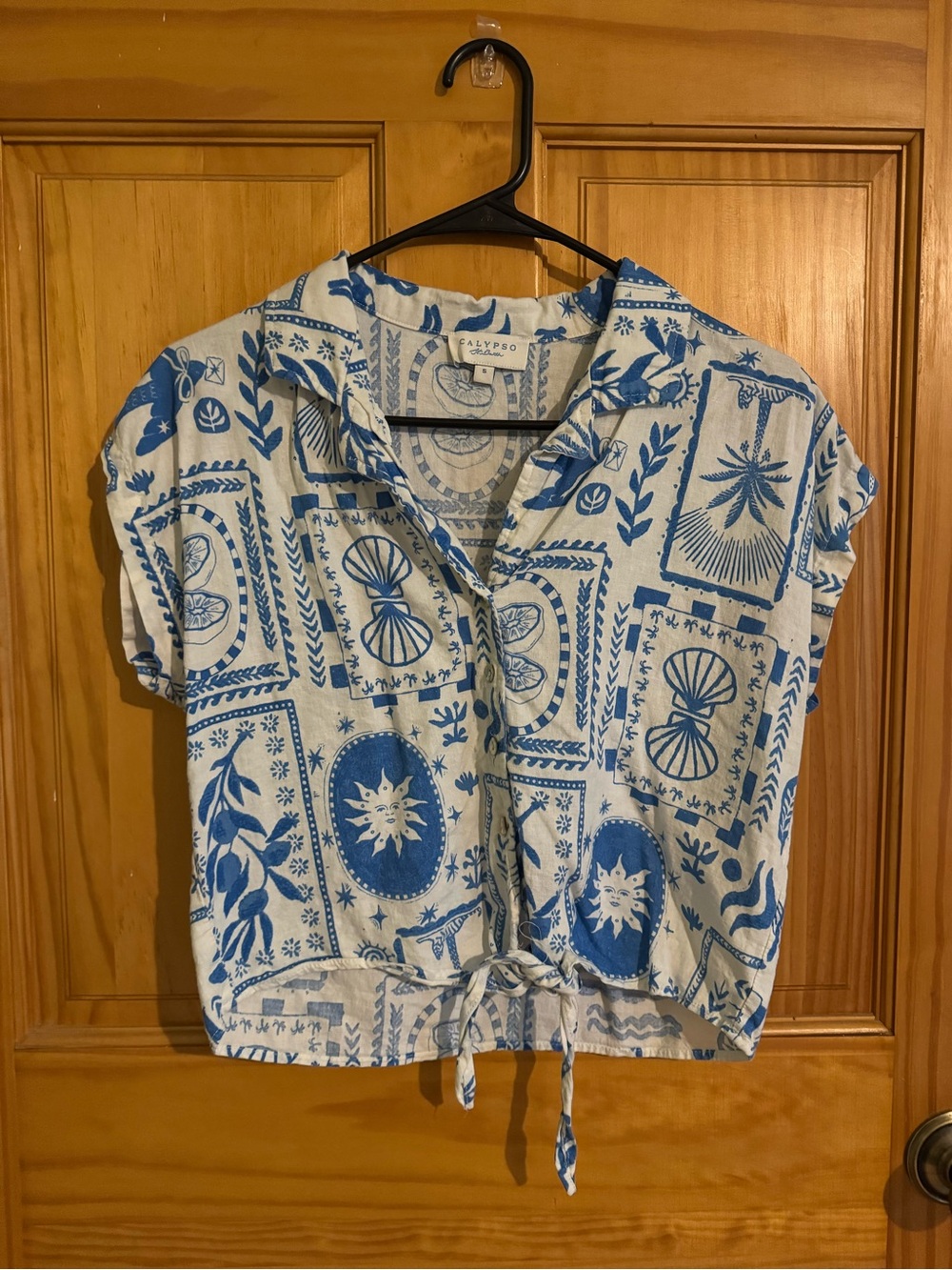 Calypso Blue and white printed linen blend button up with ties size s